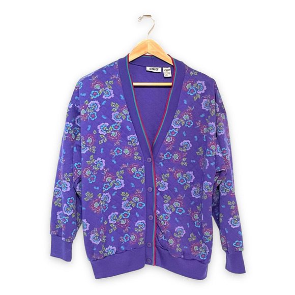 Vintage Gitano Purple Floral Quilted Button Up Cardigan Women’s Size Large - Picture 2 of 6